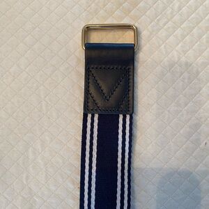 Vineyard Vines Navy Blue and White Striped Webbing Belt with Leather Trim